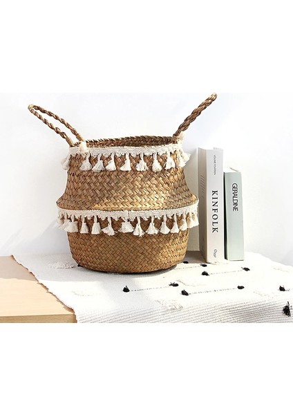 Kum Tarzı 22CMX20CM Rattan ve Hasır Saklama Sepeti, Keten Için, Seagrass, Asılı Saksı, Ev Için Oyuncak, Dekoratif Çamaşır Sepeti Meyve Sepeti (Yurt Dışından)