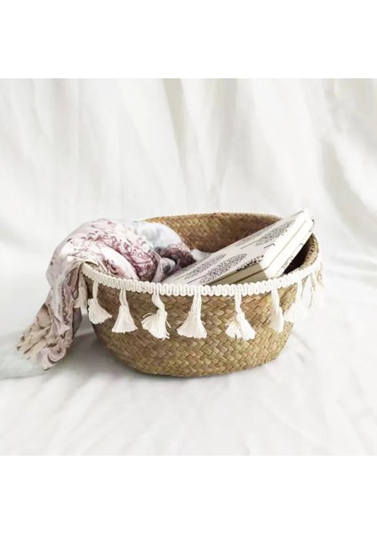 E Stili 45X35CM Katlanabilir Seagrass Belly Dokuma Sepet Çiçek Bitkiler Pom Pom Ball ile Tencere Püskül Saklama Çantası Ev Dekor (Yurt Dışından) modelleri