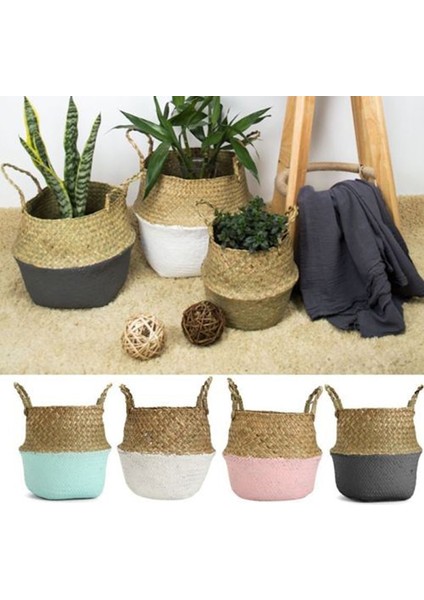 Shanhua Shop Beyaz Stil Ev Depolama Katlanabilir Doğal Seagrass Dokuma Depolama Sepeti Pot Bahçe Çiçek Vazo Asılı Hasır Sepet Karınlı Sepetler (Yurt Dışından)