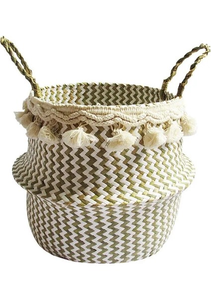 02 Stili Yazın ORTA-27CMX24CM Whısm Katlanabilir Hasır Sepet Deniz Çayı Giysileri Çamaşır Depolama Sepeti Püsküller Asılı Saksı Organizatör Ev Dekorasyon (Yurt Dışından)