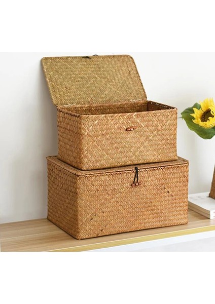 Shanhua Shop 20X16X9CM-DOĞA Stili Büyük Hasır Kutu Dikdörtgen Seagrass Kapaklı Depolama Sepeti Kabine Raf Masa Ev Sepetleri Için Rattan Depolama Organizatör (Yurt Dışından)