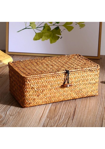 Shanhua Shop 20X16X9CM-DOĞA Stili Büyük Hasır Kutu Dikdörtgen Seagrass Kapaklı Depolama Sepeti Kabine Raf Masa Ev Sepetleri Için Rattan Depolama Organizatör (Yurt Dışından)