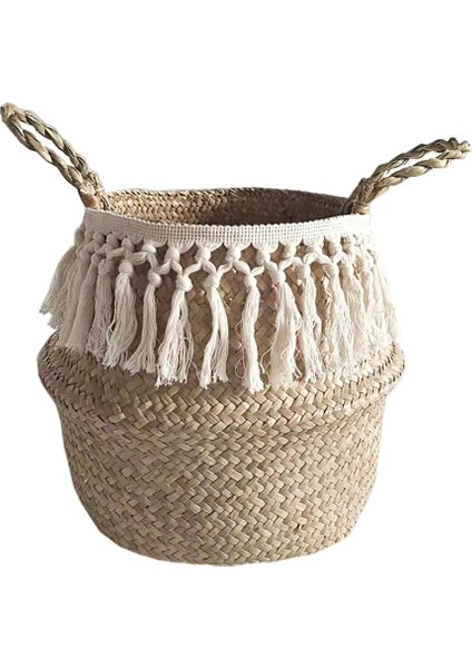 E Stili 16X13CM Katlanabilir Seagrass Belly Dokuma Sepet Çiçek Bitkiler Pom Pom Ball ile Tencere Püskül Saklama Çantası Ev Dekor (Yurt Dışından)