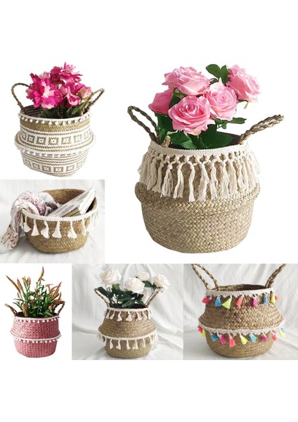 E Stili 16X13CM Katlanabilir Seagrass Belly Dokuma Sepet Çiçek Bitkiler Pom Pom Ball ile Tencere Püskül Saklama Çantası Ev Dekor (Yurt Dışından)