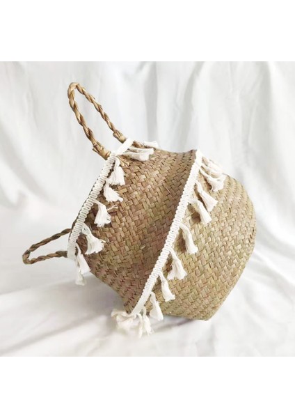 E Stili 16X13CM Katlanabilir Seagrass Belly Dokuma Sepet Çiçek Bitkiler Pom Pom Ball ile Tencere Püskül Saklama Çantası Ev Dekor (Yurt Dışından)