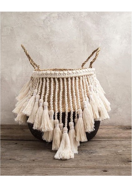 Resim Stili Olarak 27CMX24CM El Yapımı Boho Dekor Makrome Püskül Hasır Sepet Bahçe Saksı Çalışma Odası Depolama Rattan Sepet Ev Organizatör Sepeti (Yurt Dışından) modelleri