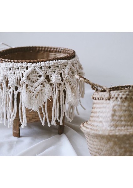 Resim Stili Olarak 27CMX24CM El Yapımı Boho Dekor Makrome Püskül Hasır Sepet Bahçe Saksı Çalışma Odası Depolama Rattan Sepet Ev Organizatör Sepeti (Yurt Dışından) indirimleri