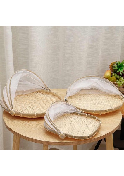 Yuvarlak 35CM Tarzı El Dokuma Yemek Servis Çadır Sepeti Tepsi Meyve Sebze Ekmek Depolama Sepeti Basit Rattan Açık Örgü Net Kapak (Yurt Dışından)