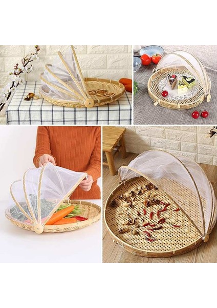Yuvarlak 35CM Tarzı El Dokuma Yemek Servis Çadır Sepeti Tepsi Meyve Sebze Ekmek Depolama Sepeti Basit Rattan Açık Örgü Net Kapak (Yurt Dışından)