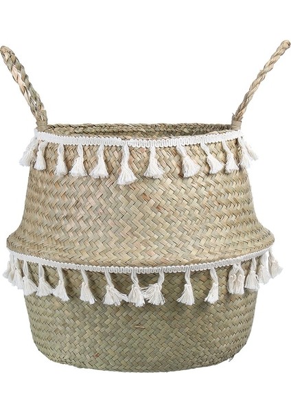 Beyaz Püskül Stili M 22X20CM El Yapımı Bambu Saklama Sepetleri Seagrass Hasır Sepet Bahçe Saksı Çamaşır Sepeti Beyaz Püskül ile Konteyner Oyuncak Tutucu (Yurt Dışından)