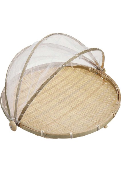 Yuvarlak 40CM Tarzı El Dokuma Yemek Servis Çadır Sepeti Tepsi Meyve Sebze Ekmek Depolama Sepeti Basit Rattan Açık Örgü Net Kapak (Yurt Dışından)
