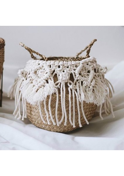B Tarzı 27CMX24CM Makrome Dokuma Hasır Sepet El Yapımı Boho Dekor Seagrass Bahçe Saksıları Depolama Rattan Sepet Ev Organizatör Panier Osier (Yurt Dışından)
