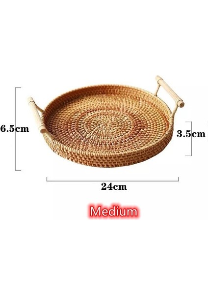 A2 Stili Ahşap Saplı El Dokuması Rattan Depolama Tepsisi Yuvarlak Hasır Sepet Ekmek Yemek Tabağı Meyveli Kek Tabağı Akşam Yemeği Servis Tepsisi (Yurt Dışından)