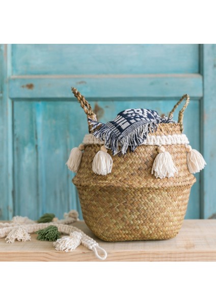 Resim Renk Stili 27X24CM Deniz Otu Beyaz Sepet Dekorasyon Için Çamaşır Sepeti Dokuma Sepet Hediye Sepeti El Yapımı Püskül Vazo (Yurt Dışından)