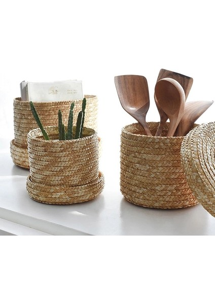 18X16CM G Stili El Yapımı Hasır Dokuma Kapaklı Depolama Sepeti Aperatif Organizatör Saklama Kutusu Çamaşır Sepetleri Rattan Depolama Çiçek Sepeti (Yurt Dışından) fiyatları