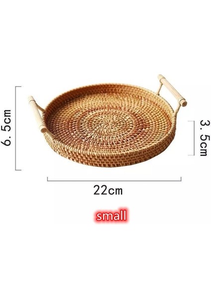 A1 Stili Ahşap Saplı El Dokuması Rattan Depolama Tepsisi Yuvarlak Hasır Sepet Ekmek Yemek Tabağı Meyveli Kek Tabağı Akşam Yemeği Servis Tepsisi (Yurt Dışından)