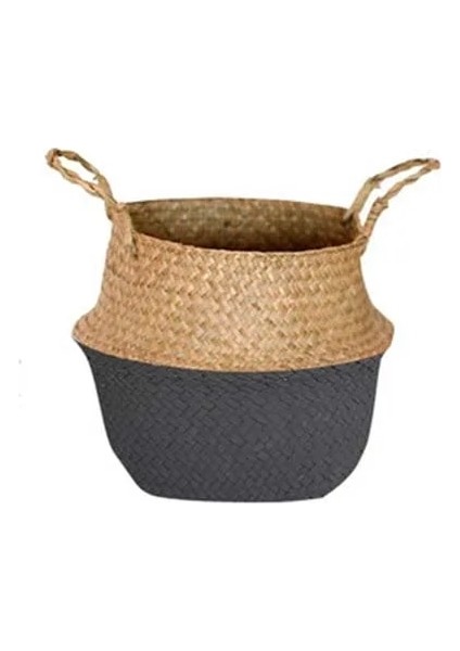 Yarım Siyah Stil 32CM El Yapımı Bambu Saklama Sepetleri Katlanabilir Çamaşır Hasır Patchwork Hasır Rattan Seagrass Göbek Bahçe Saksı Bitki Sepeti (Yurt Dışından)