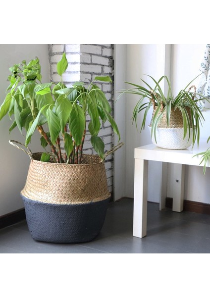 Yarım Siyah Stil 32CM El Yapımı Bambu Saklama Sepetleri Katlanabilir Çamaşır Hasır Patchwork Hasır Rattan Seagrass Göbek Bahçe Saksı Bitki Sepeti (Yurt Dışından) fiyatları
