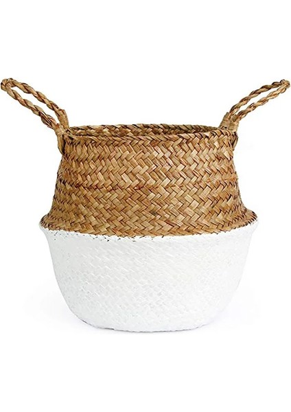 Beyaz Stil 23CMX22CM Makrome Püskül Hasır Sepet El Yapımı Boho Dekor Bahçe Saksıları Çalışma Odası Depolama Rattan Sepet Ev Organizatör Çamaşır (Yurt Dışından)