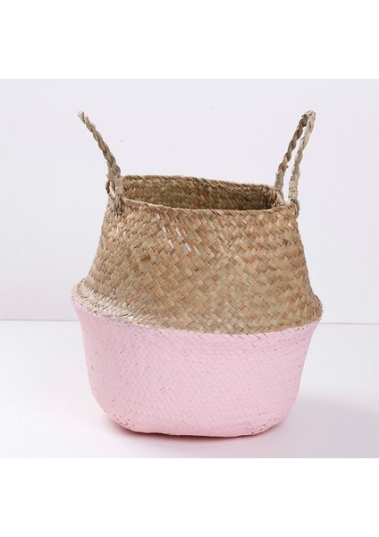 Pembe Tarzı Xl 35X31CM El Yapımı Bambu Saklama Sepetleri Katlanabilir Çamaşır Hasır Patchwork Hasır Rattan Seagrass Göbek Bahçe Saksı Ekici Sepeti (Yurt Dışından)