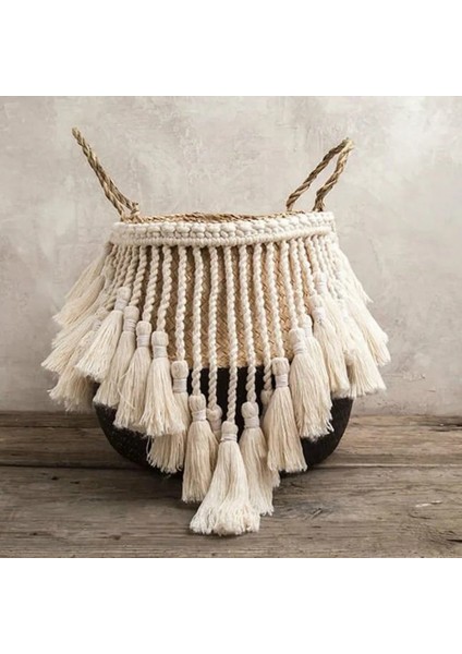 Kum Tarzı 27CMX24CM Makrome Püskül Hasır Sepet El Yapımı Boho Dekor Bahçe Saksıları Çalışma Odası Depolama Rattan Sepet Ev Organizatör Çamaşır (Yurt Dışından)