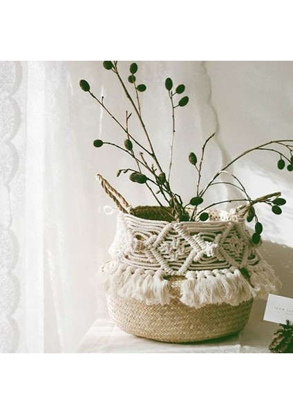 Kum Tarzı 27CMX24CM Makrome Püskül Hasır Sepet El Yapımı Boho Dekor Bahçe Saksıları Çalışma Odası Depolama Rattan Sepet Ev Organizatör Çamaşır (Yurt Dışından)