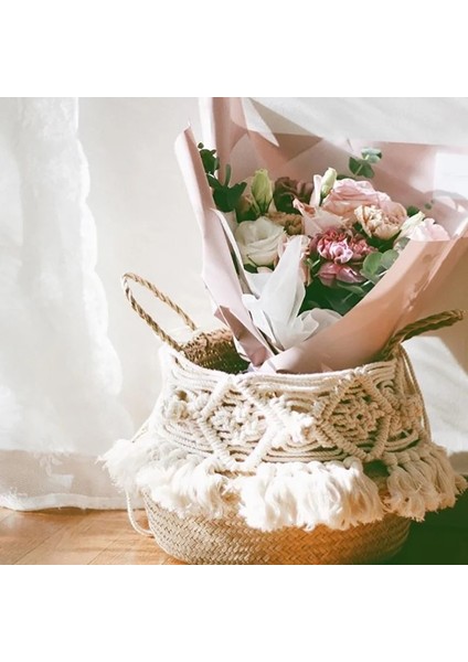 Kum Tarzı 27CMX24CM Makrome Püskül Hasır Sepet El Yapımı Boho Dekor Bahçe Saksıları Çalışma Odası Depolama Rattan Sepet Ev Organizatör Çamaşır (Yurt Dışından)
