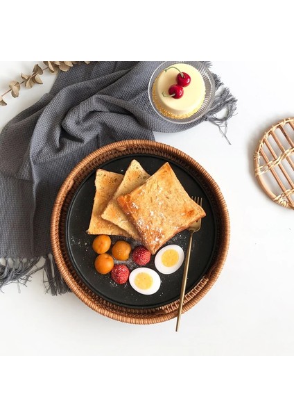 S Tarzı Rattan Sepet El Dokuma Kahve Kahvaltı Bölme Tepsisi Gıda Depolama Tabakları Ekmek Tabağı Işleyici ile Içecek Aperatif Çay (Yurt Dışından) indirimleri