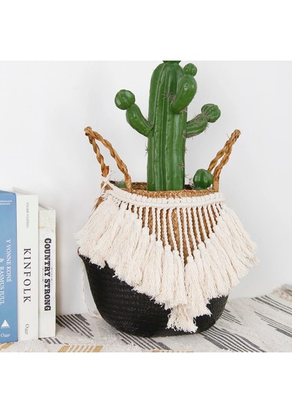 Büyük Püskül Dantel Stili 27CMX24CM Makrome Dokuma Hasır Sepet El Yapımı Boho Dekor Seagrass Bahçe Saksıları Depolama Rattan Sepet Ev Organizatör Panier Osier (Yurt Dışından) indirimleri