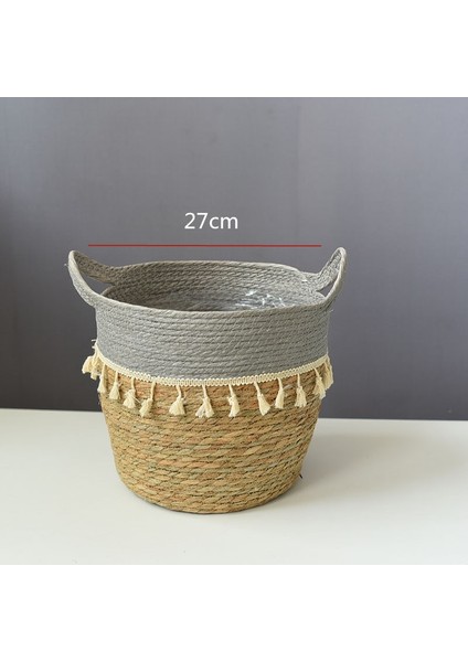 Gri 27CM Püskül Stili Iskandinav Hasır Depolama Sepeti Rattan Zemin Saksı El Sanatları Dekorasyon Modern Ev Oturma Odası Yatak Odası Dükkanı Bahçe Bitki Sepeti (Yurt Dışından)