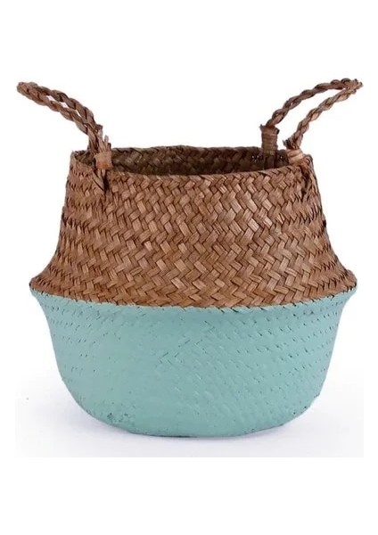 Yarım Yeşil Stil 27CM El Yapımı Bambu Saklama Sepetleri Katlanabilir Çamaşır Hasır Patchwork Hasır Rattan Seagrass Göbek Bahçe Saksı Bitki Sepeti (Yurt Dışından)