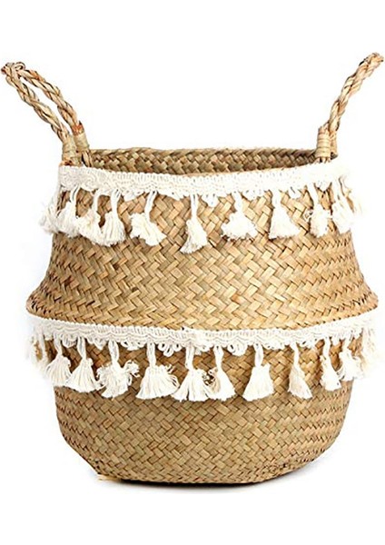 Shanhua Shop Küçük Püskül Dantel Stili 27CMX24CM Makrome Püskül Hasır Sepet El Yapımı Boho Dekor Bahçe Saksıları Çalışma Odası Depolama Rattan Sepet Ev Organizatör Çamaşır (Yurt Dışından)