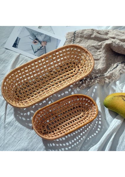 Oval L Tarzı Rattan Depolama Tepsisi Yuvarlak Oval Sepet El Dokuma Hasır Tepsi Ekmek Sepeti Meyve Yemek Kahvaltı Teşhir Tabağı Mutfak Gereçleri (Yurt Dışından)