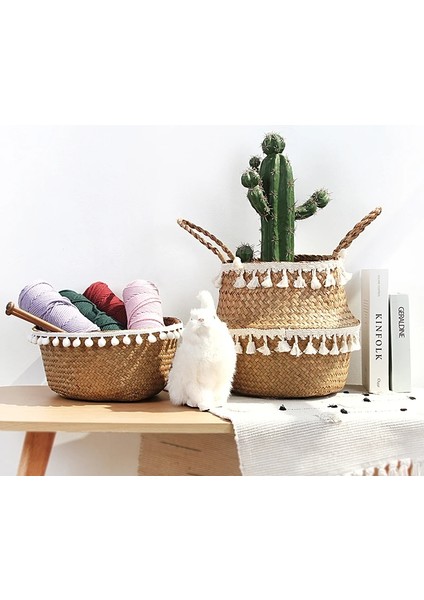 D Stili Xl 36CMX32CM El Yapımı Bambu Saklama Sepetleri Katlanabilir Çamaşır Hasır Patchwork Hasır Rattan Seagrass Göbek Bahçe Saksı Ekici Sepeti (Yurt Dışından)