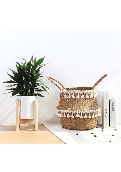 D Stili Xl 36CMX32CM El Yapımı Bambu Saklama Sepetleri Katlanabilir Çamaşır Hasır Patchwork Hasır Rattan Seagrass Göbek Bahçe Saksı Ekici Sepeti (Yurt Dışından)