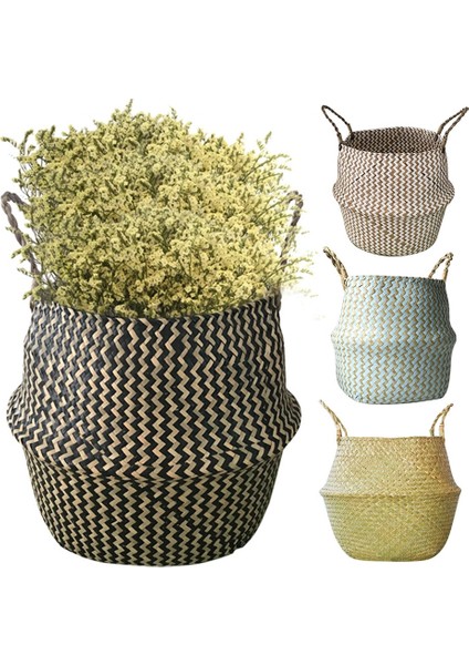38X34CM O Stili El Yapımı Dokuma Depolama Sepeti Katlanır Çamaşır Sepeti Hasır Hasır Rattan Seagrass Göbek Bahçe Saksı Bitki Sepeti (Yurt Dışından)