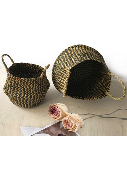 38X34CM O Stili El Yapımı Dokuma Depolama Sepeti Katlanır Çamaşır Sepeti Hasır Hasır Rattan Seagrass Göbek Bahçe Saksı Bitki Sepeti (Yurt Dışından)