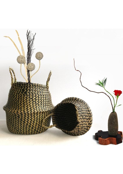 38X34CM O Stili El Yapımı Dokuma Depolama Sepeti Katlanır Çamaşır Sepeti Hasır Hasır Rattan Seagrass Göbek Bahçe Saksı Bitki Sepeti (Yurt Dışından)