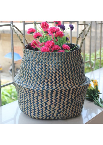 38X34CM O Stili El Yapımı Dokuma Depolama Sepeti Katlanır Çamaşır Sepeti Hasır Hasır Rattan Seagrass Göbek Bahçe Saksı Bitki Sepeti (Yurt Dışından)