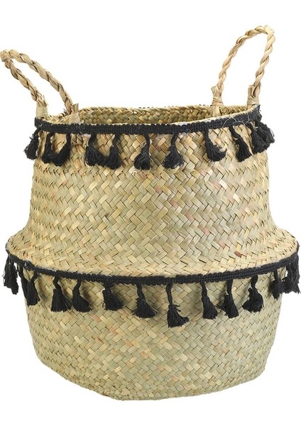 Siyah Püskül Stili S 19X17CM El Yapımı Bambu Saklama Sepetleri Seagrass Hasır Sepet Bahçe Saksı Çamaşır Sepeti Beyaz Püskül ile Konteyner Oyuncak Tutucu (Yurt Dışından)