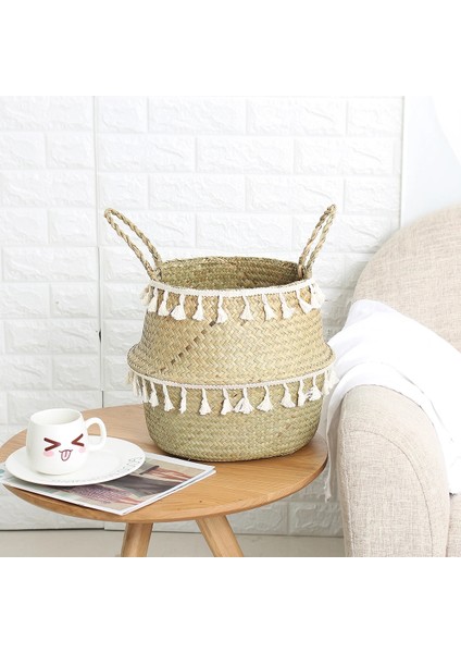 Siyah Püskül Stili S 19X17CM El Yapımı Bambu Saklama Sepetleri Seagrass Hasır Sepet Bahçe Saksı Çamaşır Sepeti Beyaz Püskül ile Konteyner Oyuncak Tutucu (Yurt Dışından) modelleri