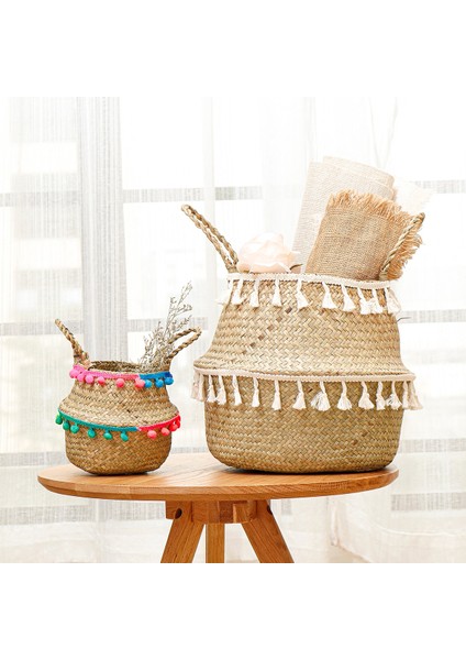 Siyah Püskül Stili S 19X17CM El Yapımı Bambu Saklama Sepetleri Seagrass Hasır Sepet Bahçe Saksı Çamaşır Sepeti Beyaz Püskül ile Konteyner Oyuncak Tutucu (Yurt Dışından) indirimleri