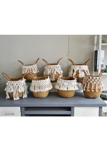 C Stili 32CMX28CM Makrome Dokuma Hasır Sepet El Yapımı Boho Dekor Seagrass Bahçe Saksıları Depolama Rattan Sepet Ev Organizatör Panier Osier (Yurt Dışından) fiyatları