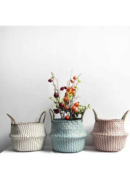 Birincil Stil 23CMX20CM Boho Dekor Çizgili Hasır Saklama Sepetleri El Yapımı Katlanabilir Çamaşır Sepeti Hasır Patchwork Rieten Mand Yosun Çiçeği (Yurt Dışından) fırsatları