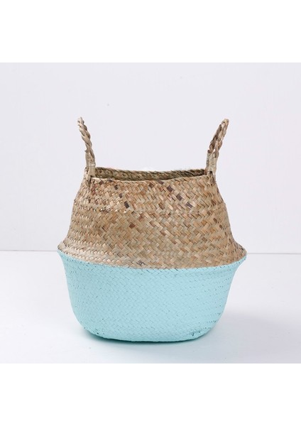 Mavi Stil Xl 35X31CM El Yapımı Bambu Saklama Sepetleri Katlanabilir Çamaşır Hasır Patchwork Hasır Rattan Seagrass Göbek Bahçe Saksı Ekici Sepeti (Yurt Dışından)