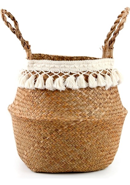 Büyük Püskül Dantel Stili 27CMX24CM Makrome Püskül Hasır Sepet El Yapımı Boho Dekor Bahçe Saksıları Çalışma Odası Depolama Rattan Sepet Ev Organizatör Çamaşır (Yurt Dışından)