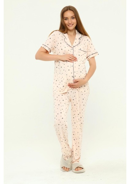 Önden Düğmeli Hamile Lohusa Mevsimlik Kısa Kol Pijama Takımı