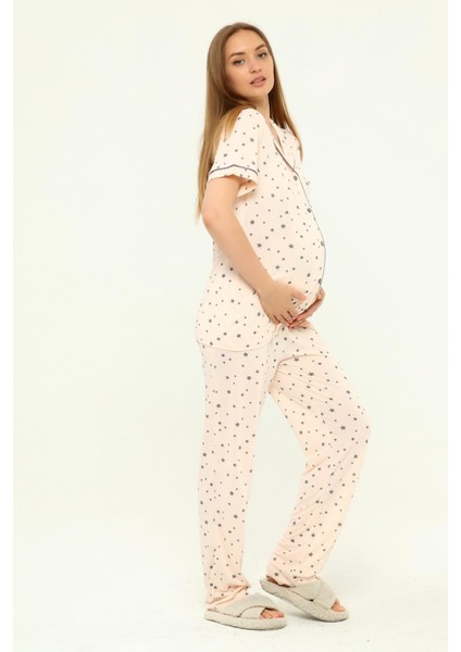 Önden Düğmeli Hamile Lohusa Mevsimlik Kısa Kol Pijama Takımı modelleri