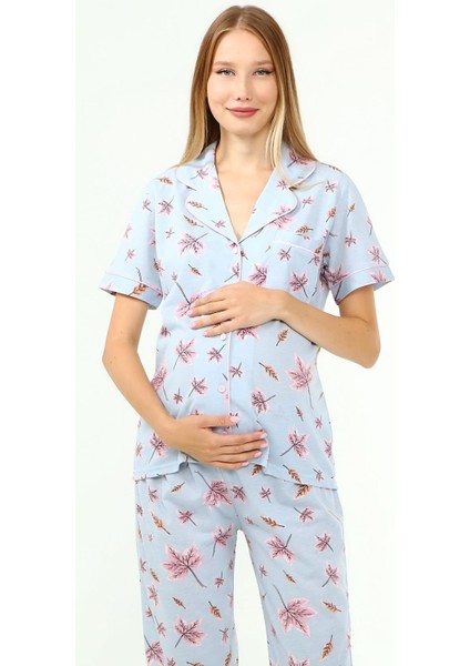 Penye Önden Düğmeli Hamile Lohusa Kısa Kol Pijama Takımı