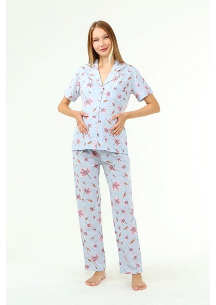 Penye Önden Düğmeli Hamile Lohusa Kısa Kol Pijama Takımı